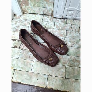 VintageStyle Brown Woven Leather Ballet Flats Square Toe Bow Shoes 6M Cottage